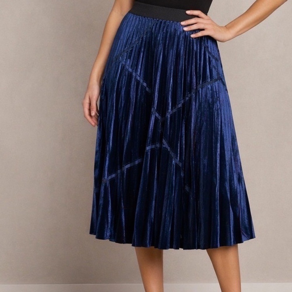 Lucy Paris Cleo Pleated Velvet Midi Skirt Women Size L Navy Blue Mesh Luxe